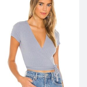 Laurel Top Dusty Blue Privacy Please blue ribbed wrap top